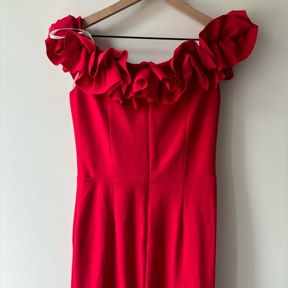 Xscape Long Crepe Over-the-Shoulder Ruffle Gown Sz 8 - Picture 6 of 9